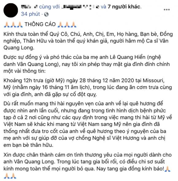 42 1 Dai Dien Gia Dinh Dinh Chinh Thoi Gian Dia Diem Ca Si Van Quang Long Qua Doi Thong Bao Ve Le An Tang Thi Hai Nam Ca Si