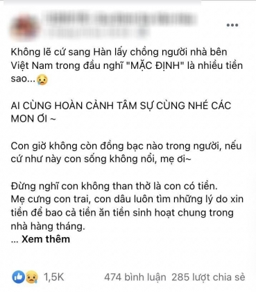 2 Tam Su Cua Co Gai Lay Chong Han Quoc Met Moi Vi Me Bao Gui Tien Ve