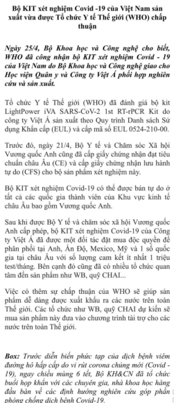 2 Nong Bo Kh Cn Noi Thong Tin Who Chap Thuan Kit Test Viet A Sai Do Tong Hop Tu Bao Chi