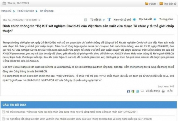 1 Bo Khcn Dinh Chinh Thong Tin Kit Test Covid 19 Cua Viet A Duoc Who Chap Thuan