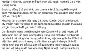 Đại diện gia đình đính chính thời gian, địa điểm ca sĩ Vân Quang Long qua đời,...