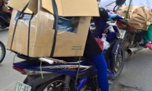 Mẹ cho con vào hộp chở về quê ăn Tết