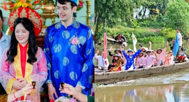 Mẹ chồng Pháp ngồi ghe đón dâu, quét sân giúp thông gia Việt sau đám cưới